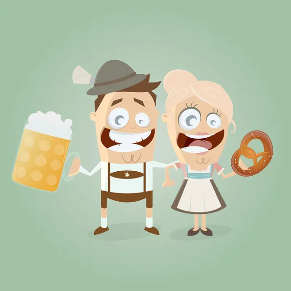 Bavarian couple with beer and pretzel — Stock Vector