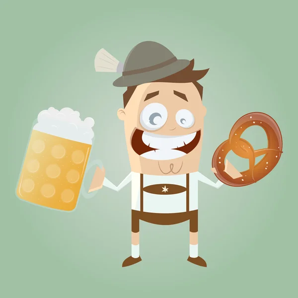 Bavarian man with beer and pretzel — Stock Vector