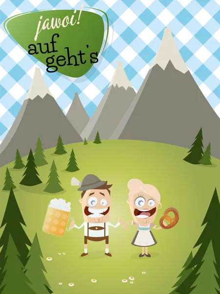 Bavarian background with traditional people and text that means yes let's go — Stock Vector