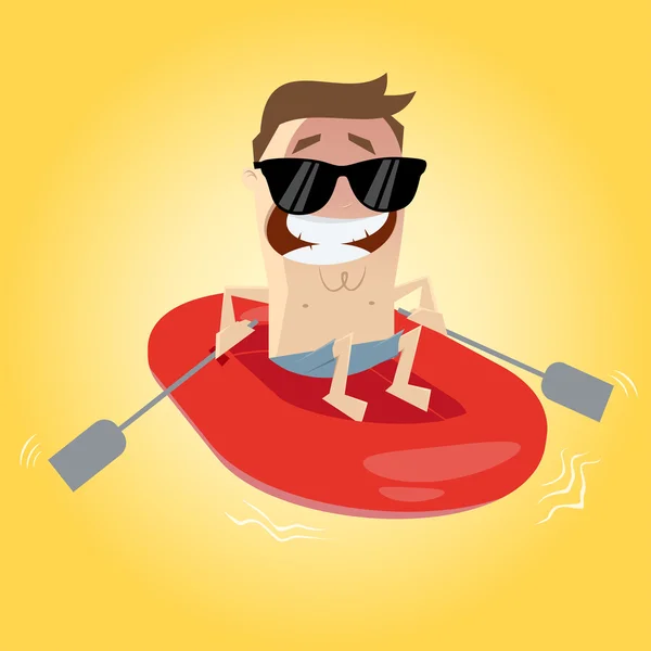 Funny cartoon man in rubber boat — Stock Vector