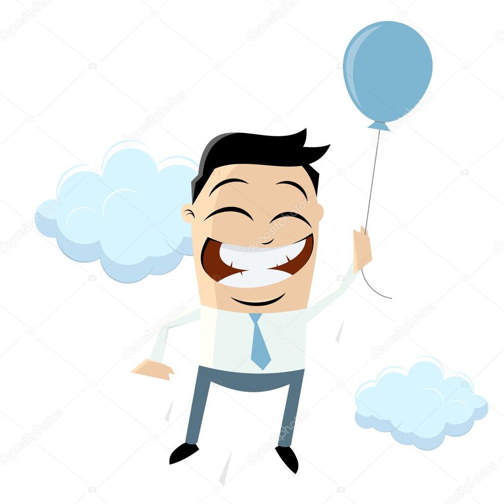 Funny businessman is flying with air balloon
