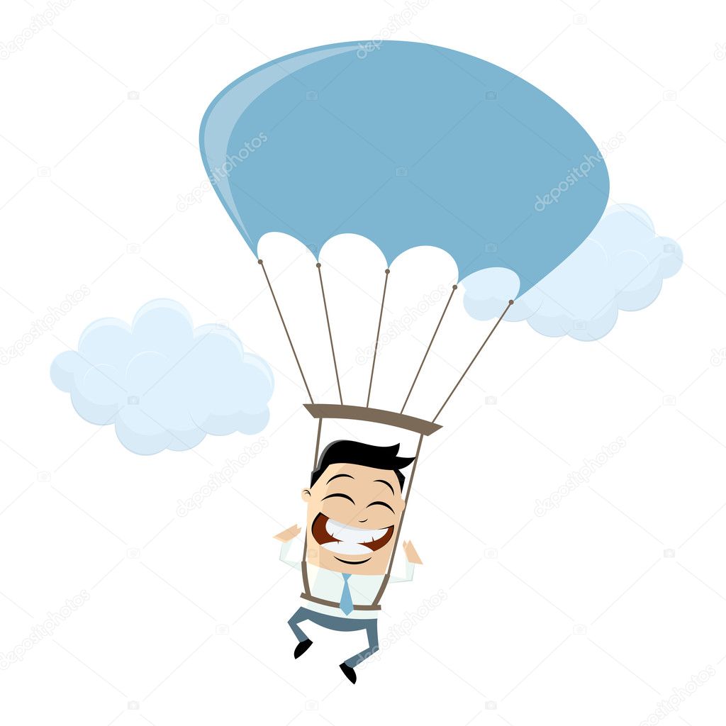 Funny businessman with parachute