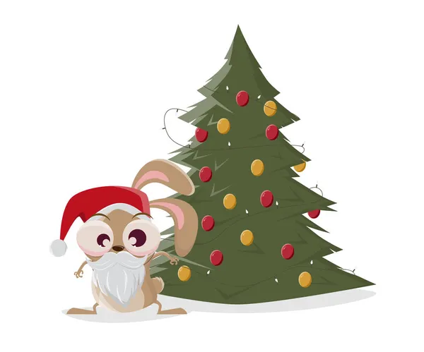 Lustiger Cartoon Hase Weihnachtsmann Kostüm Und Weihnachtsbaum — Stockvektor