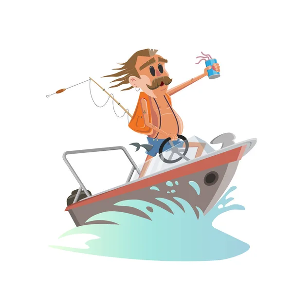Desenho Animado Engraçado Ilustração Pescador Barco — Vetor de Stock