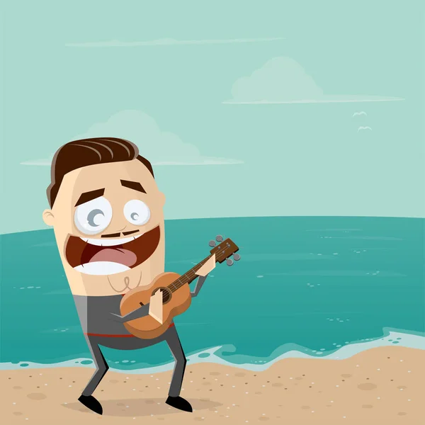 Funny Cartoon Man Standing Beach Playing Ukulele — Stock Vector