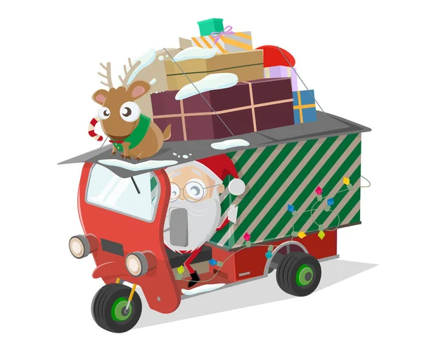 Αστεία Γελοιογραφία Χριστούγεννα Εικονογράφηση Του Αγίου Σάντα Μικρό Φορτηγό — Διανυσματικό Αρχείο