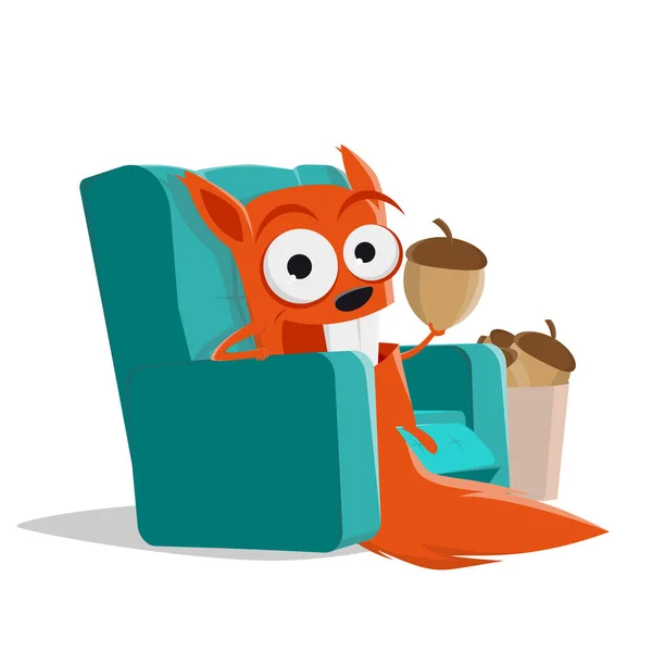 Lustiges Cartoon Eichhörnchen Sitzt Auf Sofa Und Isst Nüsse — Stockvektor
