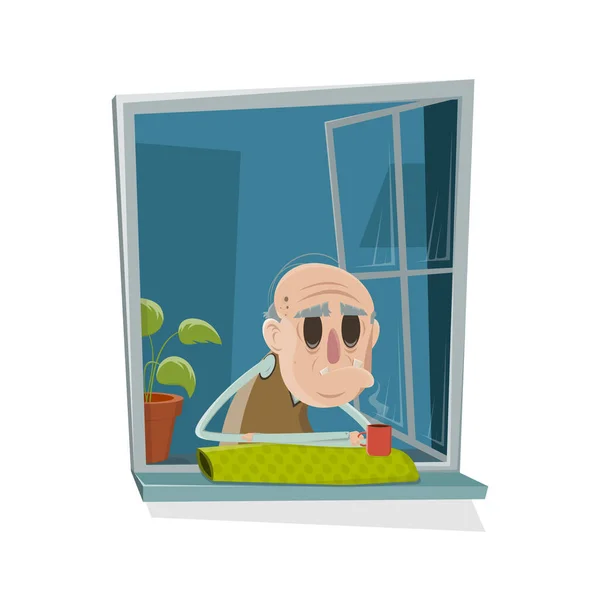 Cartoon Illustration Old Man Looking Out Window — Vettoriale Stock