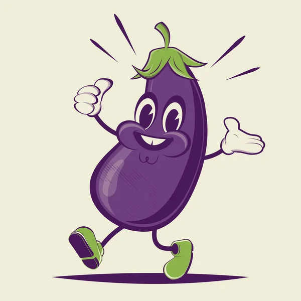 Lustige Cartoon Illustration Einer Glücklichen Aubergine Retro Stil — Stockvektor