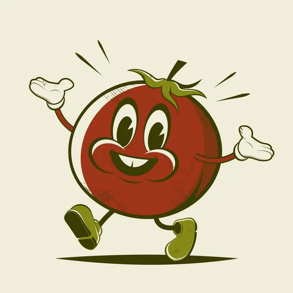 Śmieszne Retro Rysunek Ilustracja Chodzącego Pomidora — Wektor stockowy