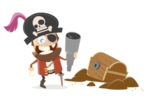 Lustiger Cartoon Pirat Mit Schatzkiste — Stockvektor