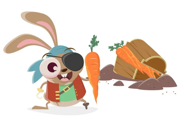 Divertido Conejo Dibujos Animados Como Pirata Encontrar Zanahorias — Vector de stock