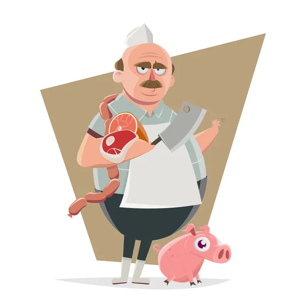 Funny Cartoon Illustration Grumpy Butcher Meat Sausages Pig — Stock Vector
