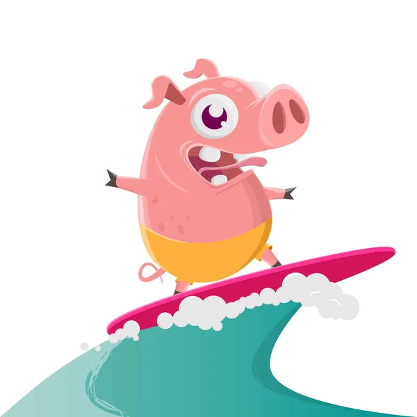 Funny Illustration Surfing Cartoon Pig — стоковый вектор