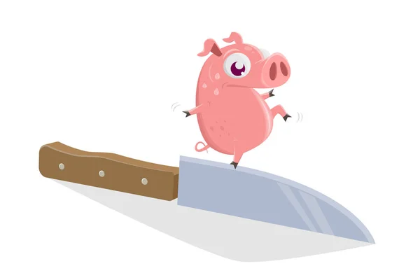 Funny Illustration Cartoon Pig Balancing Knife Edge — Vector de stock