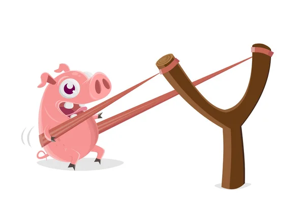 Desenho Animado Engraçado Ilustração Porco Estilingue — Vetor de Stock