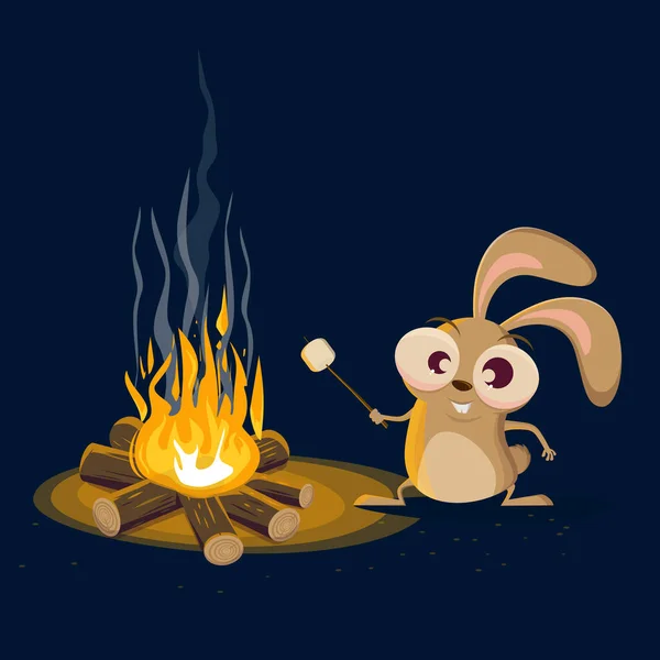Funny Cartoon Rabbit Campfire Marshmallow — Διανυσματικό Αρχείο
