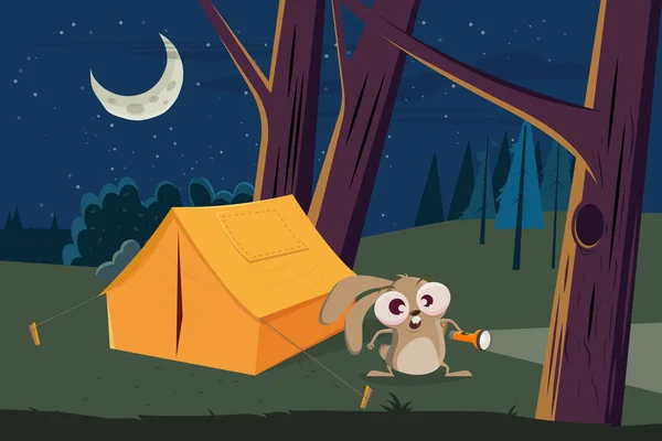 Grappige Camping Cartoon Konijn Met Zaklamp — Stockvector