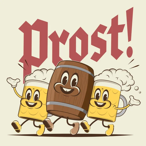 Happy Walking Retro Cartoon Beer German Word Prost Meaning Cheers — Stock Vector