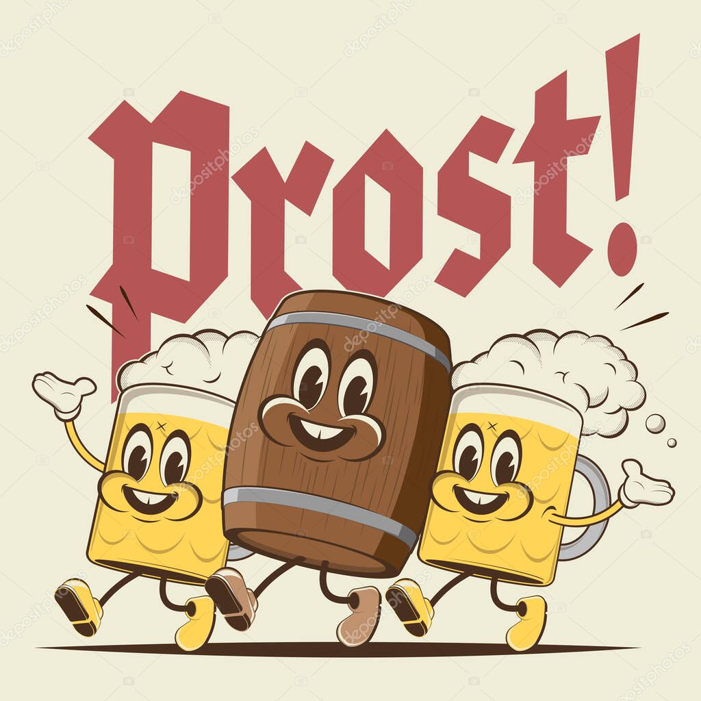 happy walking retro cartoon beer with German word Prost meaning cheers