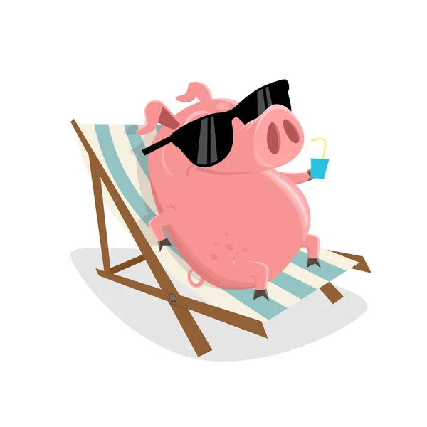 Engraçado Cartoon Porco Relaxante Sunbed — Vetor de Stock