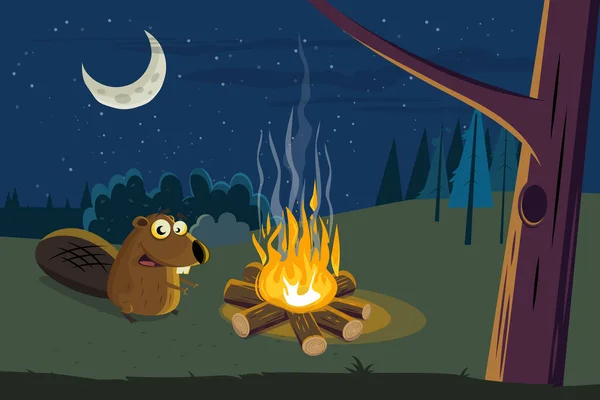 Funny Cartoon Beaver Warming Campfire — ストックベクタ