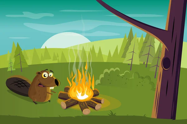 Funny Cartoon Beaver Warming Campfire — Stock Vector