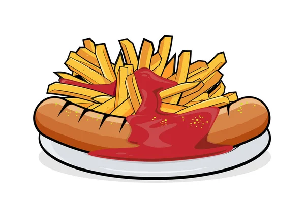 Cartoon Illustration Der Köstlichen Deutschen Spezialität Currywurst Mit Pommes — Stockvektor