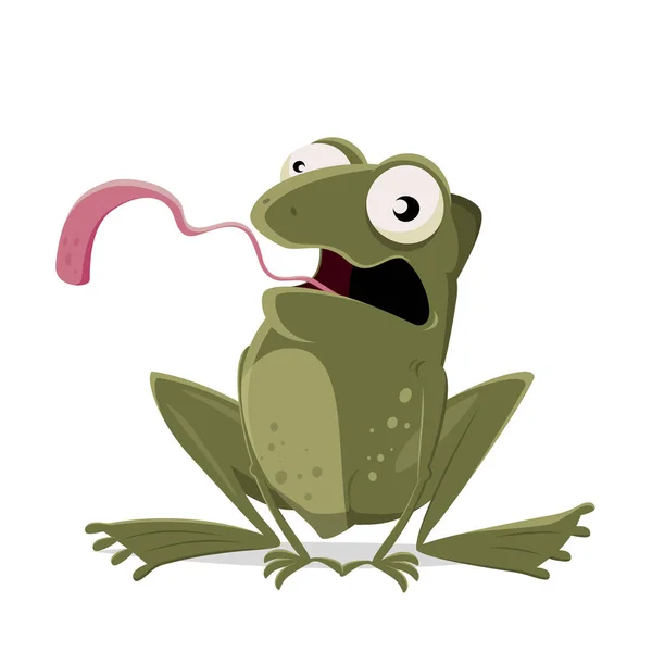 Funny Cartoon Illustration Frog Open Mouth Long Tongue — Vetor de Stock