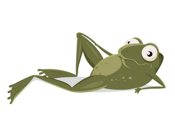Zabawna Ilustracja Kreskówki Zrelaksowanej Żaby Leżącej Ziemi — Wektor stockowy