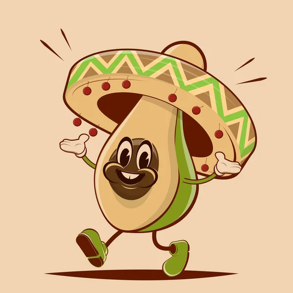 Funny Mexican Avocado Retro Cartoon Illustration — Stockvektor