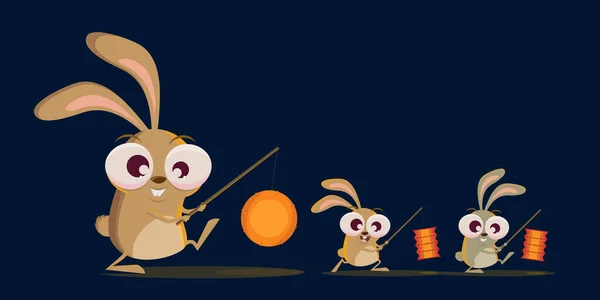 Funny Cartoon Rabbits Walking Lantern — Stockvektor