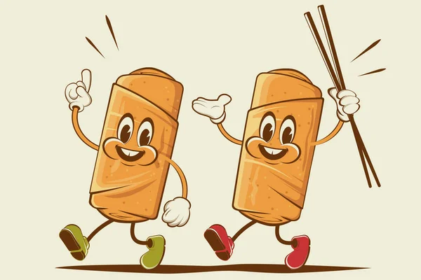 Funny Cartoon Illustration Happy Spring Rolls — Vetor de Stock