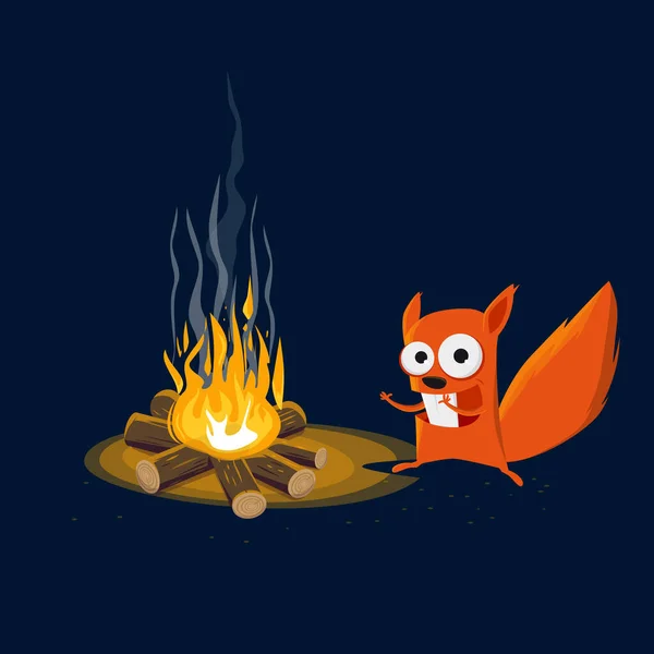 Funny Cartoon Squirrel Standing Campfire — Stock Vector