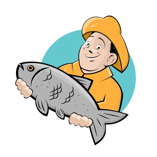 Cartoon Illustration Eines Lustigen Fischers Der Einen Fisch Hält — Stockvektor