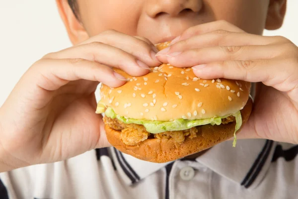 ハンバーガーを食べる少年 — ストック写真