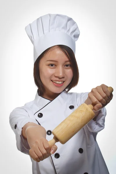 Cook bread woman show — Stock Photo, Image