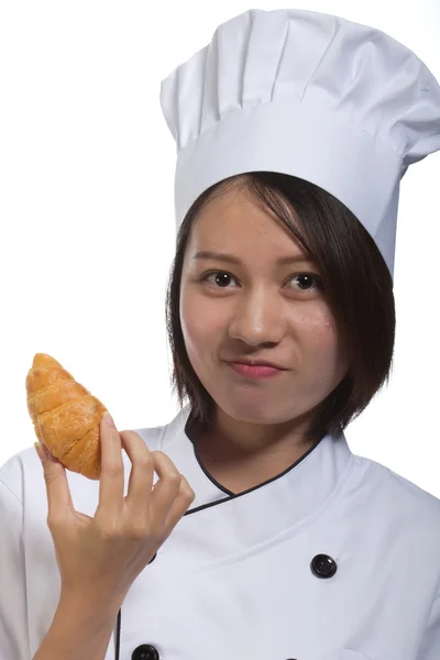 Cook bread woman show — Stock Photo, Image