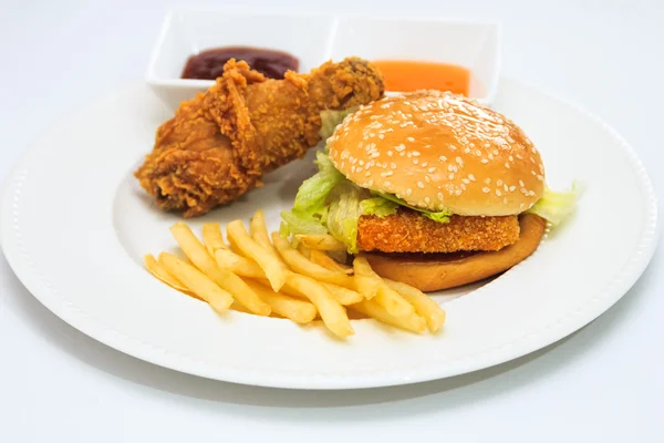 Fish burger with french fries — Stock Photo, Image