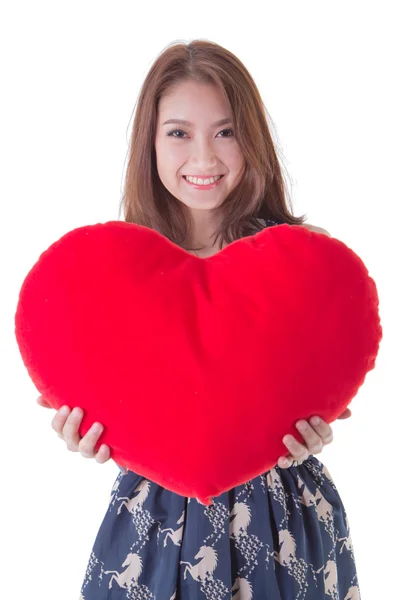 Asian woman holding a red heart — Stock Photo, Image