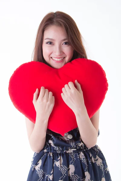 Asian woman holding a red heart — Stock Photo, Image