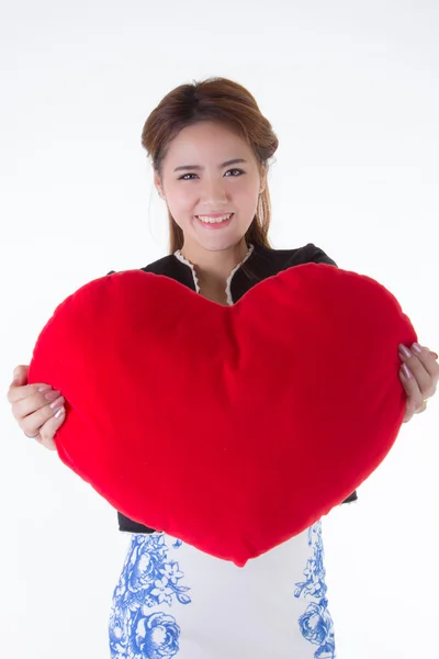 Asian woman holding a red heart — Stock Photo, Image