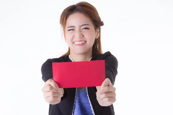 Oficer kobiet w pracy odpowiadają wyświetlone czerwone koperty — Zdjęcie stockowe