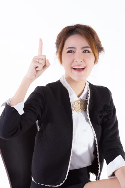 Young woman happy point to copy space by hand finger isolated on — Stock Photo, Image