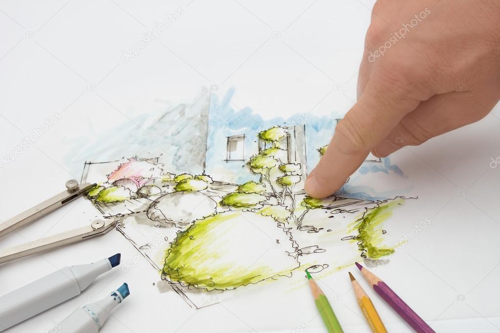Landscape Architect showing Detail on Design Sketch