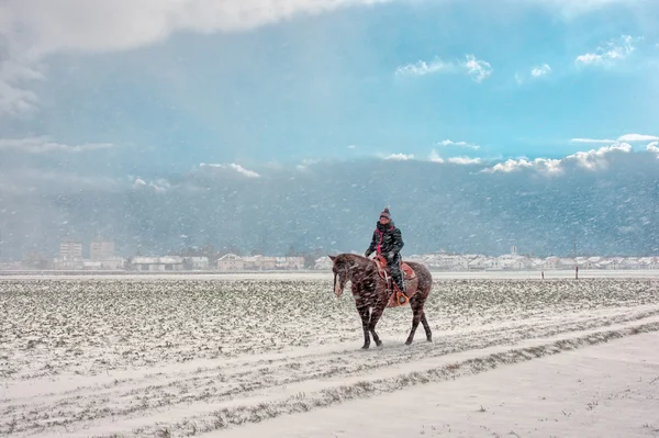 Rida i snöstorm — Stockfoto