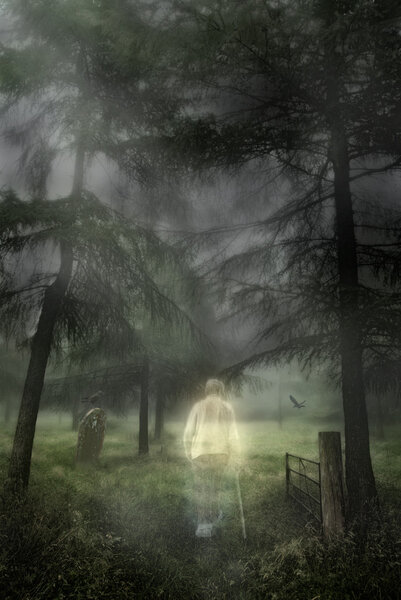 Ghostly figure of an elderly gentleman walking into a woodland graveyard