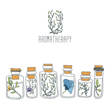 Vector hand-drawn logo with transparent bottles of essential with fresh herbs and flowers.