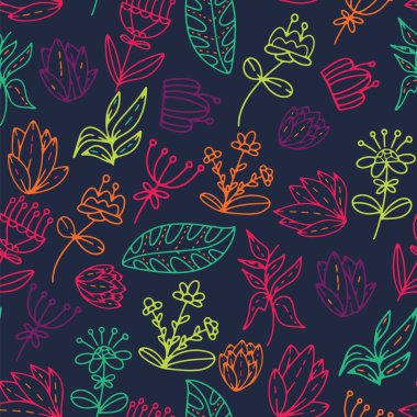 Çiçekli vektör çizimi. Renkli neon botanik elementler