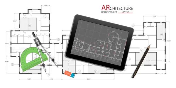 Architektonisch Technische Zeichnung Des Hauses Konstrukteur Arbeitsplatz Industrial Design Engineering — Stockvektor